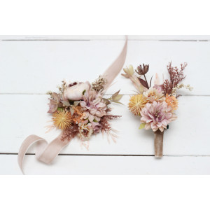  Wedding boutonnieres and wrist corsage  in beige pale orange color scheme. Flower accessories. 5045