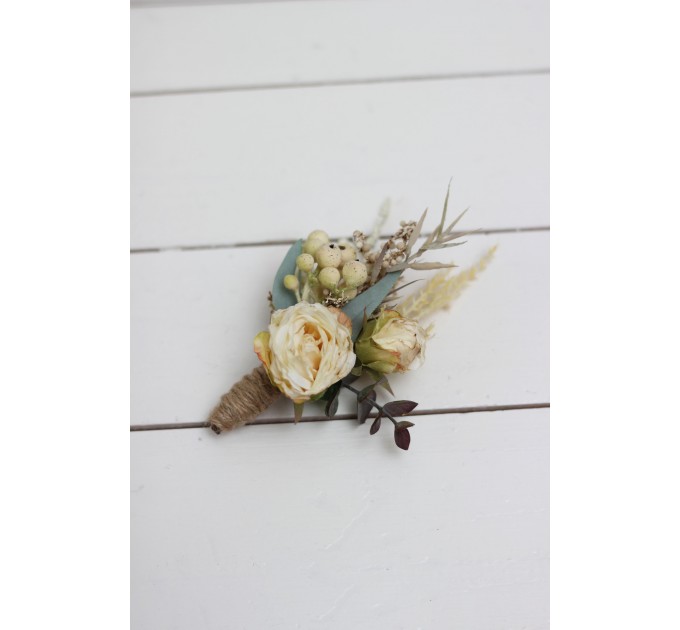  Wedding boutonnieres and wrist corsage  in champagne ivory color scheme. Flower accessories. 5044