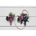  Wedding boutonnieres and wrist corsage  in dusty rose mauve navy blue color scheme. Flower accessories. 5046