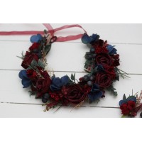 Burgundy navy blue flower crown. Hair wreath. Flower girl crown. Wedding flowers. 5047