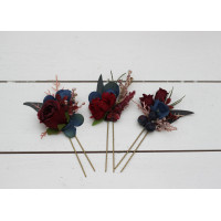  Set of  3  hair pins in burgundy navy blue color scheme. Hair accessories. Flower accessories for wedding.  5047
