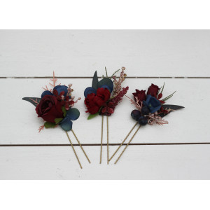  Set of  3  hair pins in burgundy navy blue color scheme. Hair accessories. Flower accessories for wedding.  5047