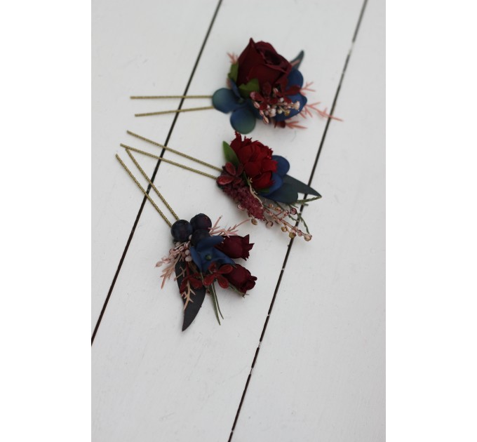  Set of  3  hair pins in burgundy navy blue color scheme. Hair accessories. Flower accessories for wedding.  5047