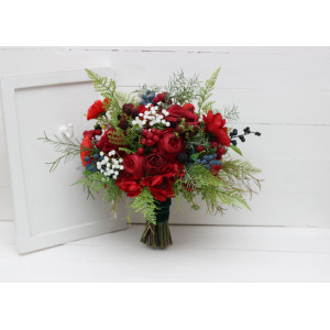 Wedding bouquet in red colors with berries. Bridal bouquet.  Faux bouquet. Bridesmaid bouquet. 5050