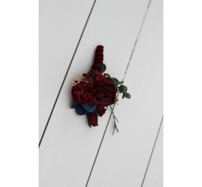  Wedding boutonnieres and wrist corsage  in burgundy navy blue color scheme. Flower accessories. 5047
