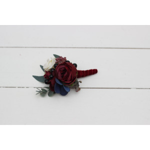  Wedding boutonnieres and wrist corsage  in burgundy white navy blue color scheme. Flower accessories. 5051