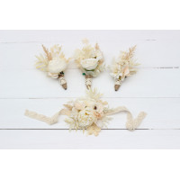  Wedding boutonnieres and wrist corsage  in champagne ivory cream color scheme. Flower accessories. 5206