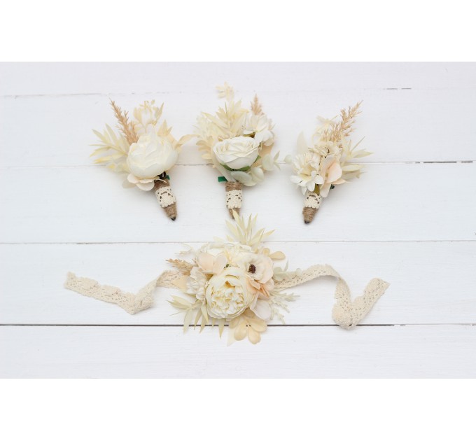  Wedding boutonnieres and wrist corsage  in champagne ivory cream color scheme. Flower accessories. 5206