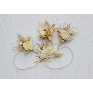  Wedding boutonnieres and wrist corsage  in champagne ivory cream color scheme. Flower accessories. 5049-2