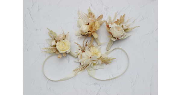 Champagne & Ivory Wedding Boutonnieres  Cream Faux Flower Corsages |  Kochetova Flowers