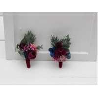 Jewel-tone wedding. Wedding boutonnieres and wrist corsage  in emerald green purple magenta teal color scheme. Flower accessories. 5055