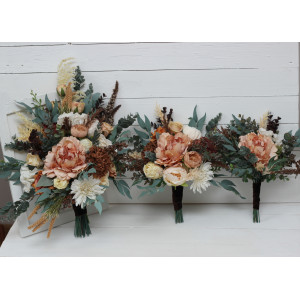Wedding bouquets in orange rust cinnamon peach colors. Bridal bouquet. Faux bouquet. Bridesmaid bouquet. 5058