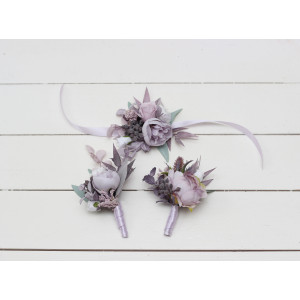  Wedding boutonnieres and wrist corsage  in lilac white color scheme. Flower accessories. 5059