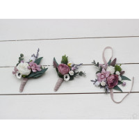  Wedding boutonnieres and wrist corsage  in lilac white mauve color scheme. Flower accessories. 5059-2