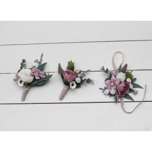  Wedding boutonnieres and wrist corsage  in lilac white mauve color scheme. Flower accessories. 5059-2