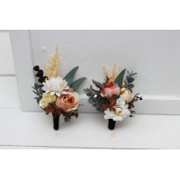 Wedding boutonnieres and wrist corsage  in orange rust cinnamon peach color scheme. Flower accessories. 5058