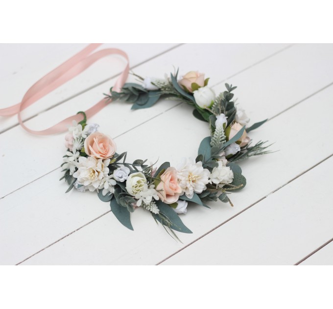 White blush pink flower crown. Hair wreath. Flower girl crown. Wedding flowers. 5056