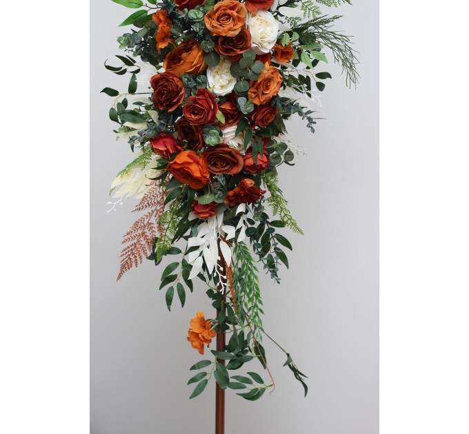  Flower arch arrangement in burnt orange ivory rust emerald green colors.  Arbor flowers. Floral archway. Faux flowers for wedding arch. 5201