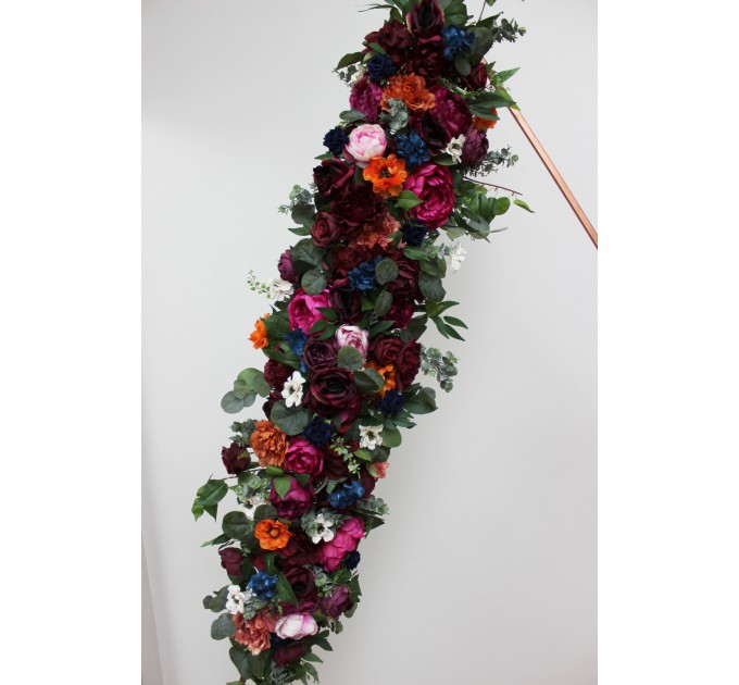  Flower arch arrangement in emerald green orange purple colors.  Arbor flowers. Floral archway. Faux flowers for wedding arch. 5054