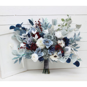 Wedding bouquets in dusty blue navy blue burgundy white colors. Bridal bouquet. Cascading bouquet. Faux bouquet. Bridesmaid bouquet. 5063