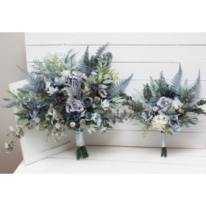 Wedding bouquets in dusty blue white sage green colors. Bridal bouquet.  Faux bouquet. Bridesmaid bouquet. 5061