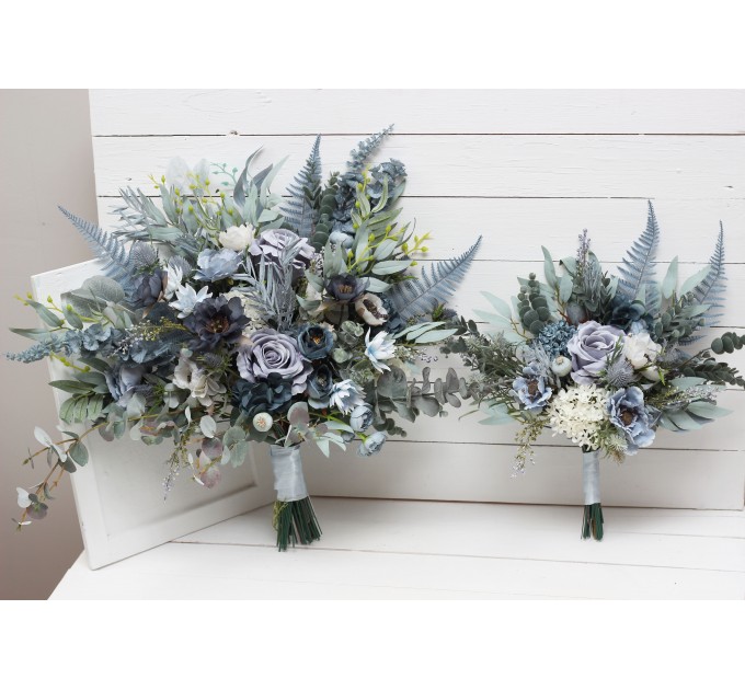 Wedding bouquets in dusty blue white sage green colors. Bridal bouquet.  Faux bouquet. Bridesmaid bouquet. 5061