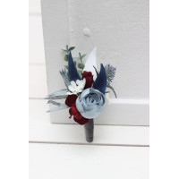  Wedding boutonnieres and wrist corsage  in dusty blue navy blue burgundy white color scheme. Flower accessories. 5063