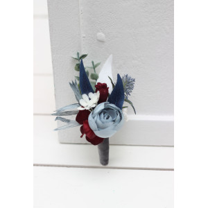  Wedding boutonnieres and wrist corsage  in dusty blue navy blue burgundy white color scheme. Flower accessories. 5063