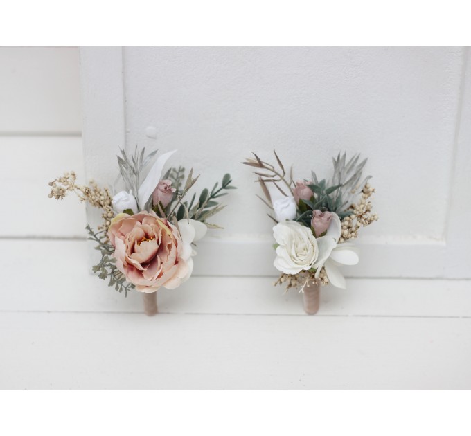  Wedding boutonnieres and wrist corsage  in white beige gray color scheme. Flower accessories. 5062