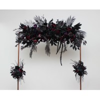 Halloween wedding. Black deep purple flowers. Flower arch arrangement .Wedding flowers. Pergola flowers. Faux flowers. Gothic wedding. 5070