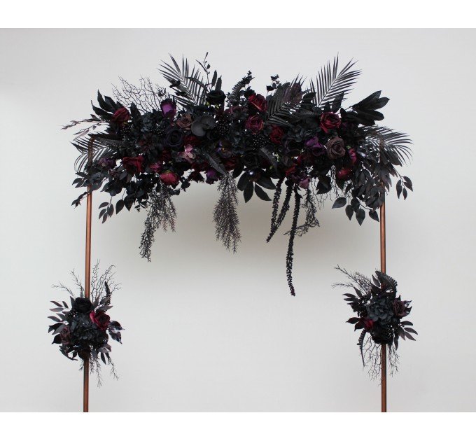 Halloween wedding. Black deep purple flowers. Flower arch arrangement .Wedding flowers. Pergola flowers. Faux flowers. Gothic wedding. 5070