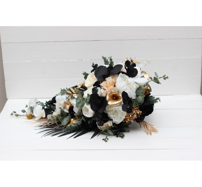 Wedding bouquets in black gold white colors. Bridal bouquet. Cascading bouquet. Faux bouquet. Bridesmaid bouquet.Gothic black wedding bouquet. 5065
