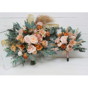 Wedding bouquets in orange blush pink colors. Bridal bouquet.  Faux bouquet. Bridesmaid bouquet. 5071