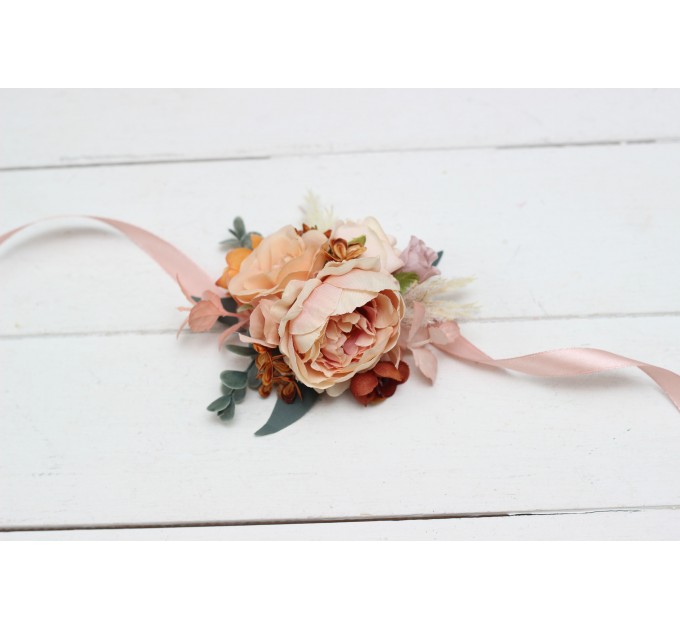  Wedding boutonnieres and wrist corsage  in orange blush pink color scheme. Flower accessories. 5071