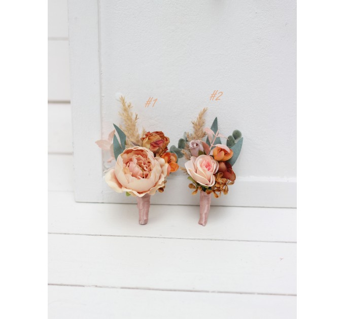  Wedding boutonnieres and wrist corsage  in orange blush pink color scheme. Flower accessories. 5071