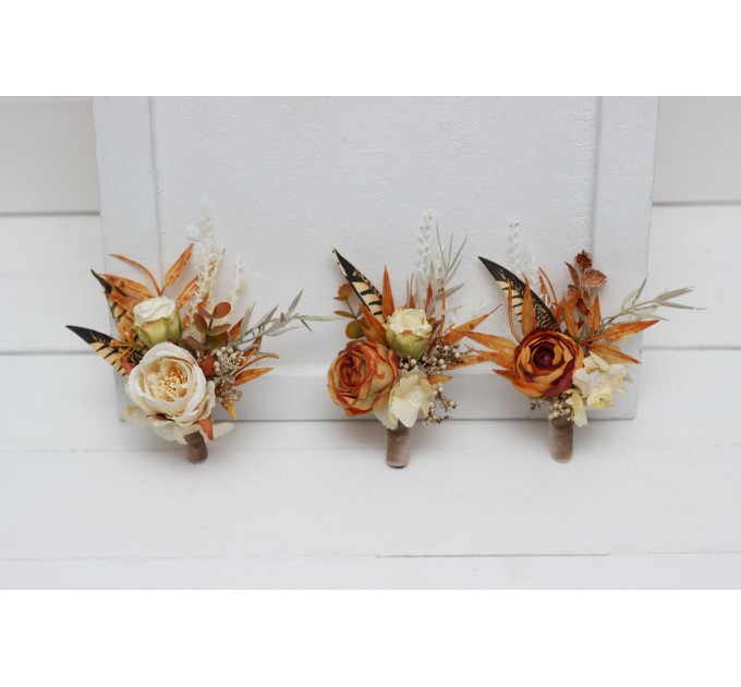  Wedding boutonnieres and wrist corsage  in rust ivory color scheme. Flower accessories. 5072