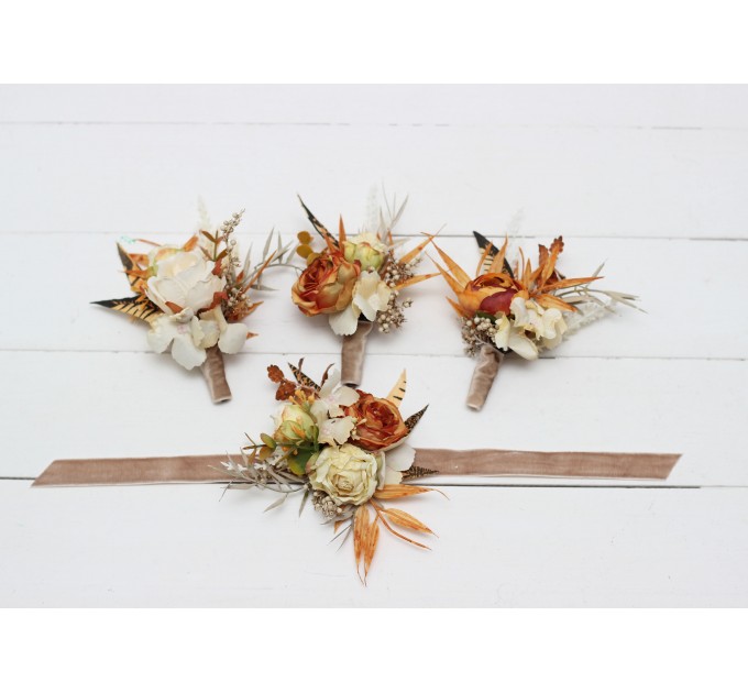 Wedding boutonnieres and wrist corsage  in rust ivory color scheme. Flower accessories. 5072