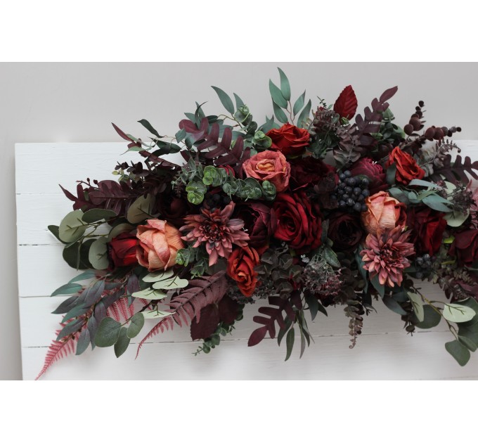  Flower arch arrangement in deep burgundy red blue colors.  Arbor flowers. Floral archway. Faux flowers for wedding arch. 5077