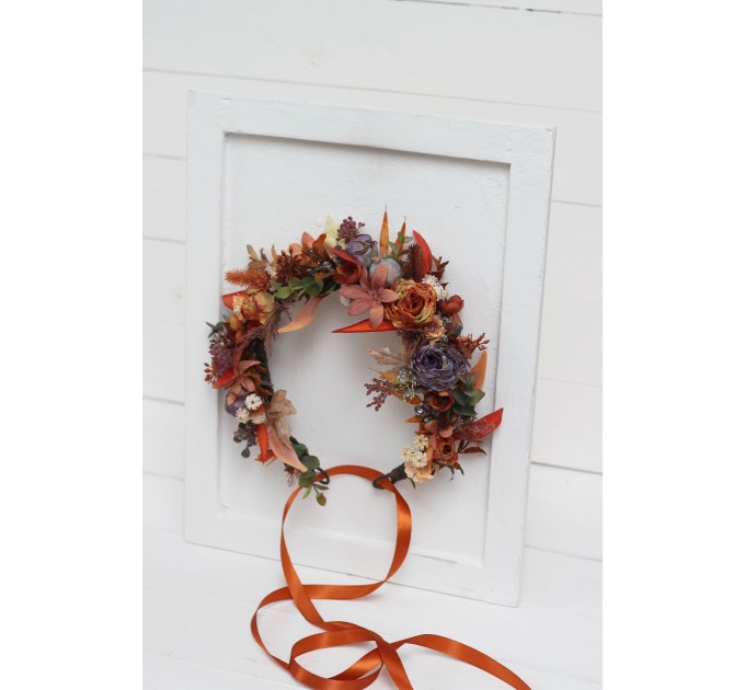 Rust purple orange flower crown. Hair wreath. Flower girl crown. Wedding flowers. 5073