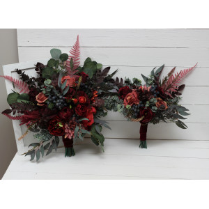 Wedding bouquets in deep burgundy red blue colors. Bridal bouquet. Faux bouquet. Bridesmaid bouquet. 5077