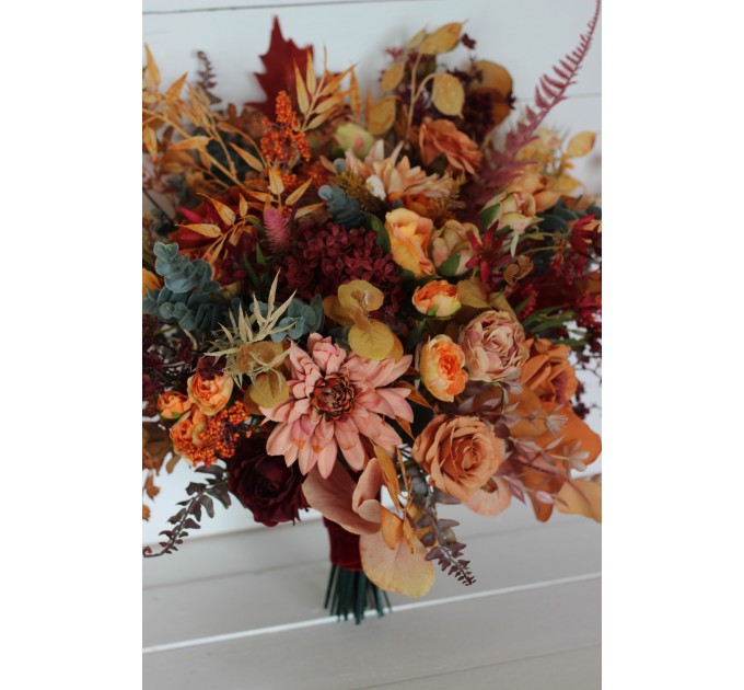 Wedding bouquets in rust burgundy orange  colors. Bridal bouquet. Faux bouquet. Bridesmaid bouquet. 5073-1