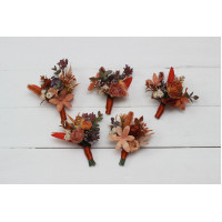  Wedding boutonnieres and wrist corsage  in rust orange purple color scheme. Flower accessories. 5073