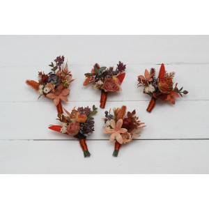  Wedding boutonnieres and wrist corsage  in rust orange purple color scheme. Flower accessories. 5073