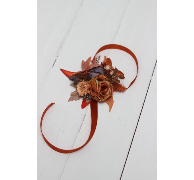  Wedding boutonnieres and wrist corsage  in rust orange purple color scheme. Flower accessories. 5073