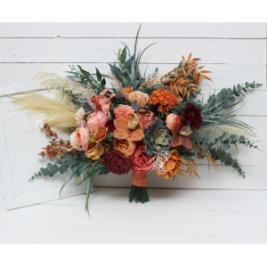 Wedding bouquets in coral burgundy peach colors. Bridal bouquet. Faux bouquet. Bridesmaid bouquet. 5079
