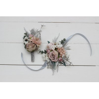  Wedding boutonnieres and wrist corsage  in beige white gray color scheme. Flower accessories. 5078