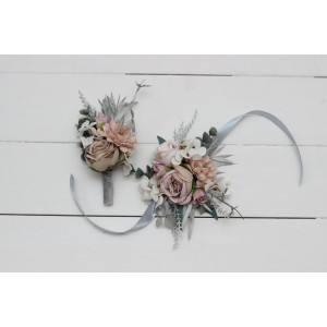  Wedding boutonnieres and wrist corsage  in beige white gray color scheme. Flower accessories. 5078
