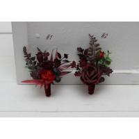  Wedding boutonnieres and wrist corsage  in burgundy red blue color scheme. Flower accessories. 5077