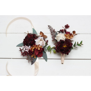 Wedding boutonnieres and wrist corsage  in cinnamon burgundy blush pink rust  color scheme. Flower accessories. 5082
