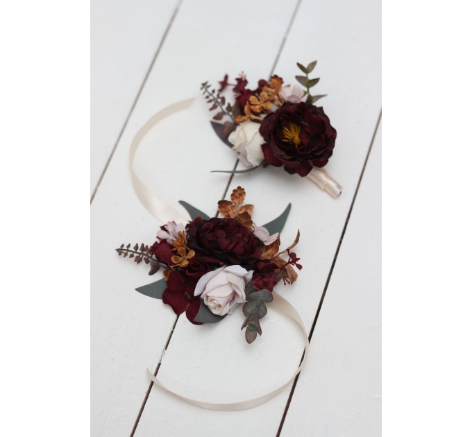  Wedding boutonnieres and wrist corsage  in cinnamon burgundy blush pink rust  color scheme. Flower accessories. 5082